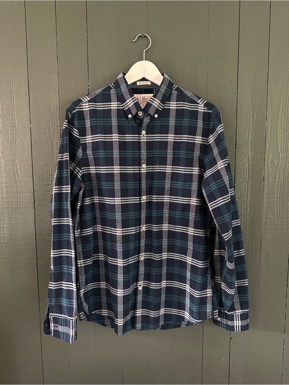 Original Penguin Navy and Teal Plaid Button-Down Shirt